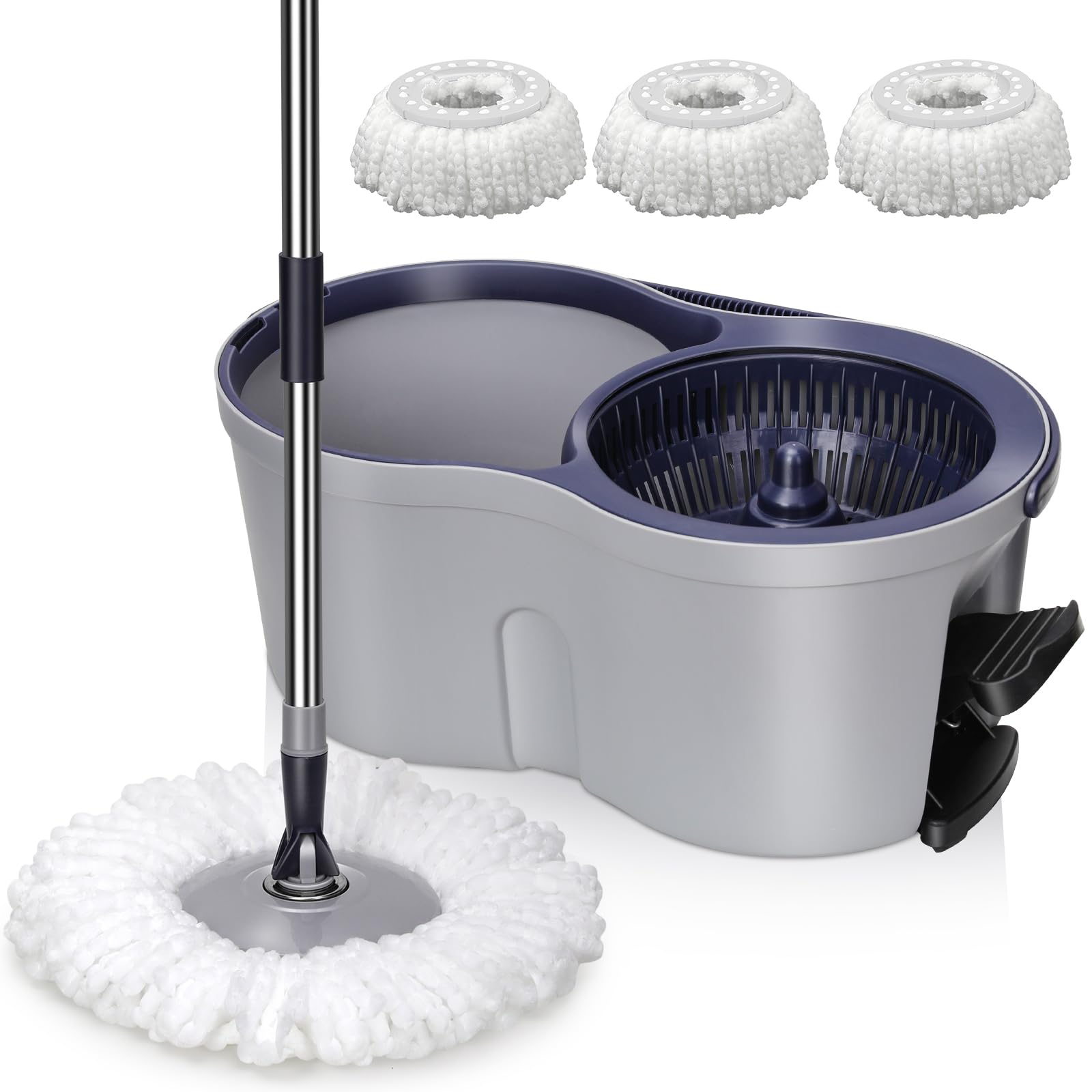 MASTERTOP Mop and Buckets Sets, Spin Mop and Buckets with 3 Reusable Pads, 9.8L Hands Free Mops Bucket with Foot Pedal and Wringer, Spinning Mops Set for Cleaning Floors - Grey, 43x25x131cm