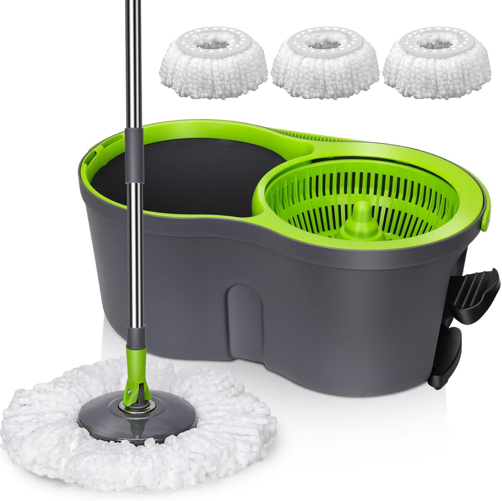 MASTERTOP Mop and Buckets Sets, Spin Mop and Buckets with 3 Reusable Pads, 9.8L Hands Free Mops Bucket with Foot Pedal and Wringer, Spinning Mops Set for Cleaning Floors - Grey, 43x25x131cm