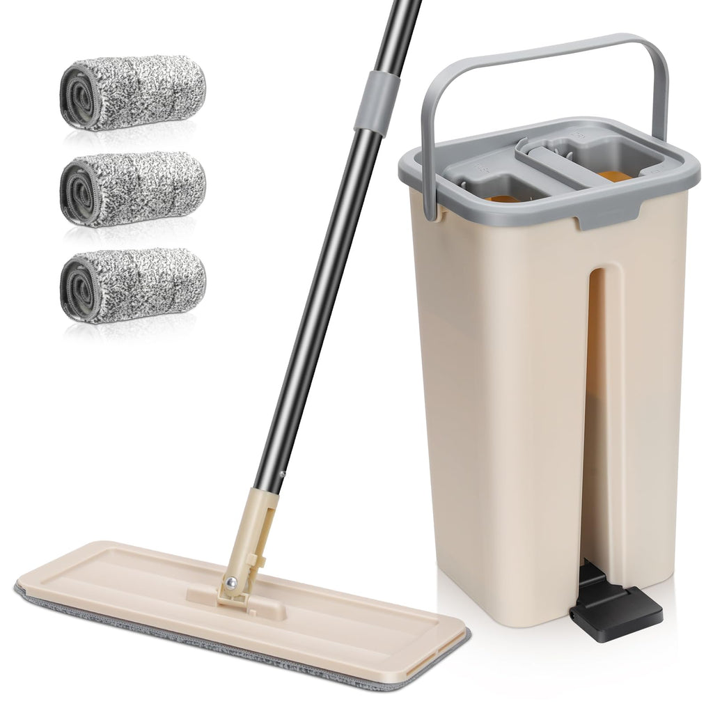 MASTERTOP Mop and Buckets Sets, Spin Mop and Buckets with 3 Reusable Pads, 9.8L Hands Free Mops Bucket with Foot Pedal and Wringer, Spinning Mops Set for Cleaning Floors - Grey, 43x25x131cm