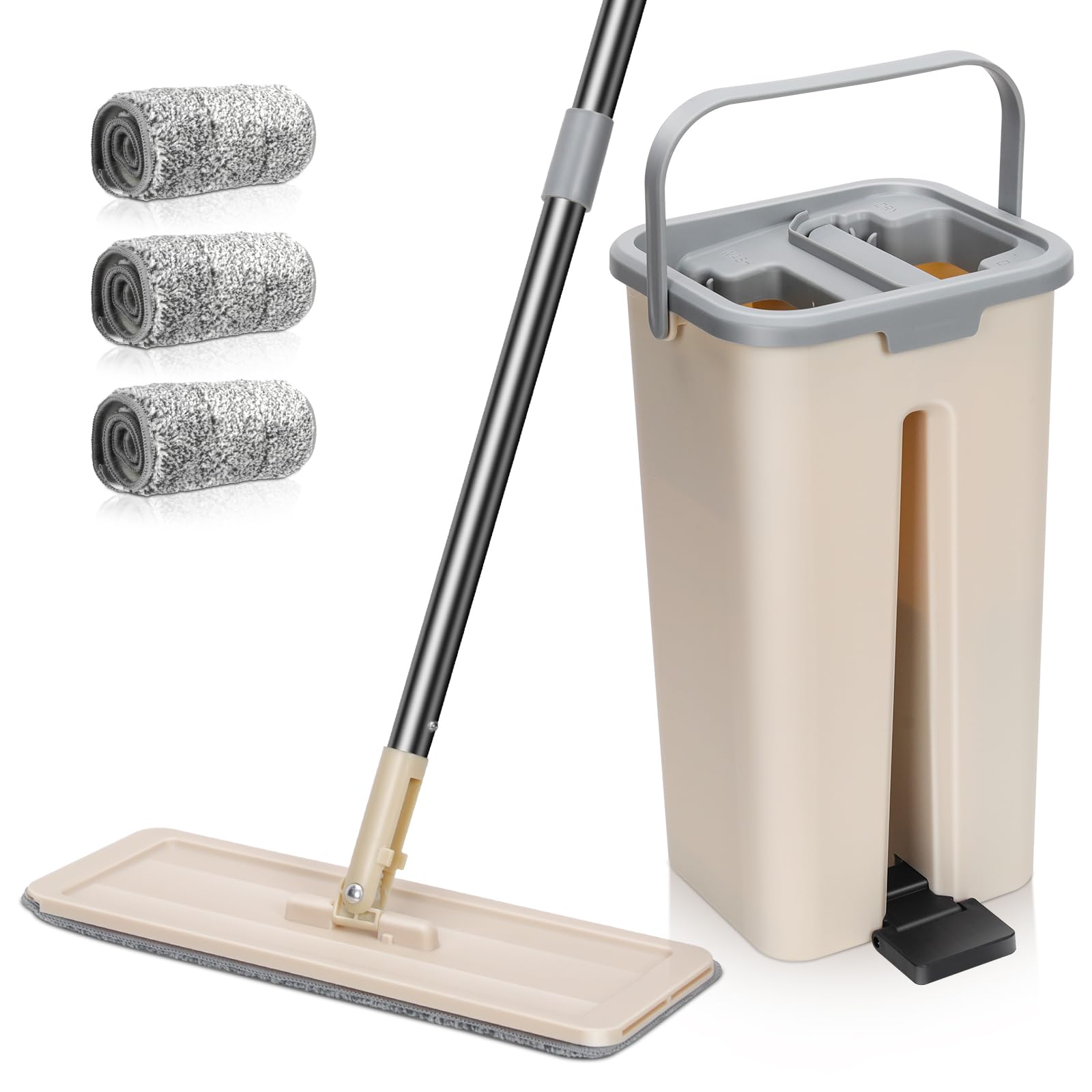 MASTERTOP Mop and Buckets Sets, Spin Mop and Buckets with 3 Reusable Pads, 9.8L Hands Free Mops Bucket with Foot Pedal and Wringer, Spinning Mops Set for Cleaning Floors - Grey, 43x25x131cm