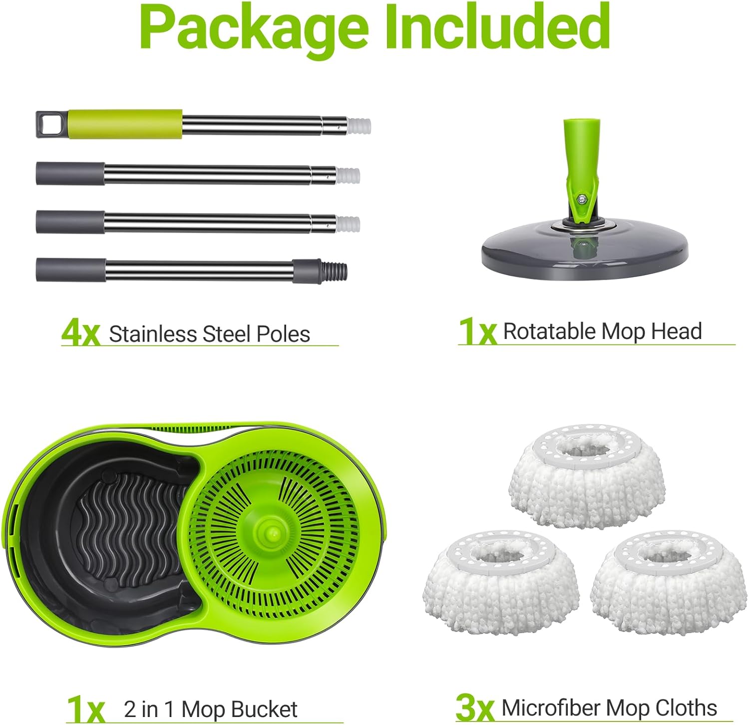 MASTERTOP Mop and Buckets Sets, Spin Mop and Buckets with 3 Reusable Pads, 9.8L Hands Free Mops Bucket with Foot Pedal and Wringer, Spinning Mops Set for Cleaning Floors - Grey, 43x25x131cm