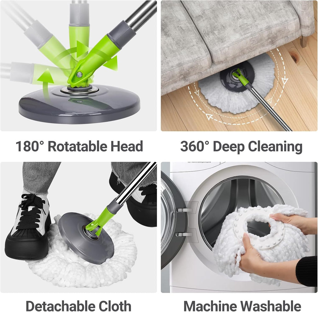 MASTERTOP Mop and Buckets Sets, Spin Mop and Buckets with 3 Reusable Pads, 9.8L Hands Free Mops Bucket with Foot Pedal and Wringer, Spinning Mops Set for Cleaning Floors - Grey, 43x25x131cm