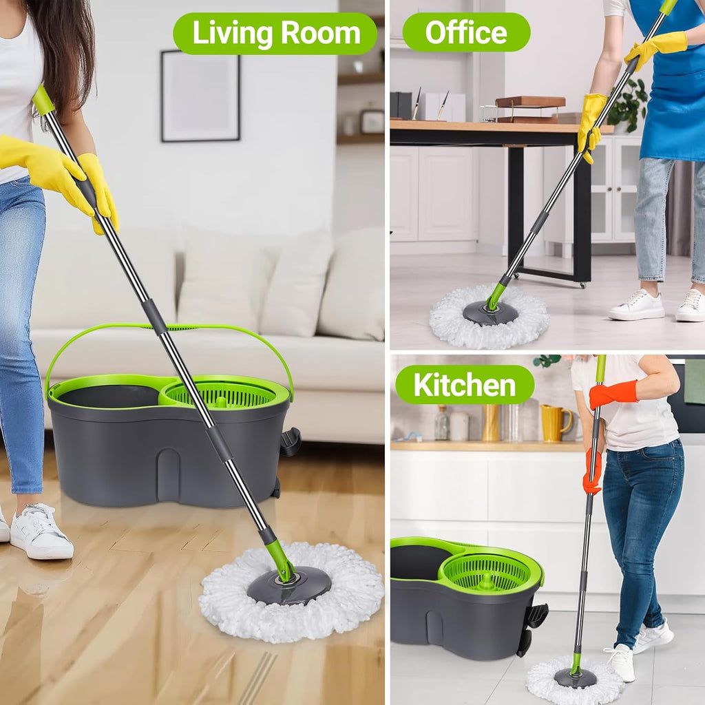 MASTERTOP Mop and Buckets Sets, Spin Mop and Buckets with 3 Reusable Pads, 9.8L Hands Free Mops Bucket with Foot Pedal and Wringer, Spinning Mops Set for Cleaning Floors - Grey, 43x25x131cm