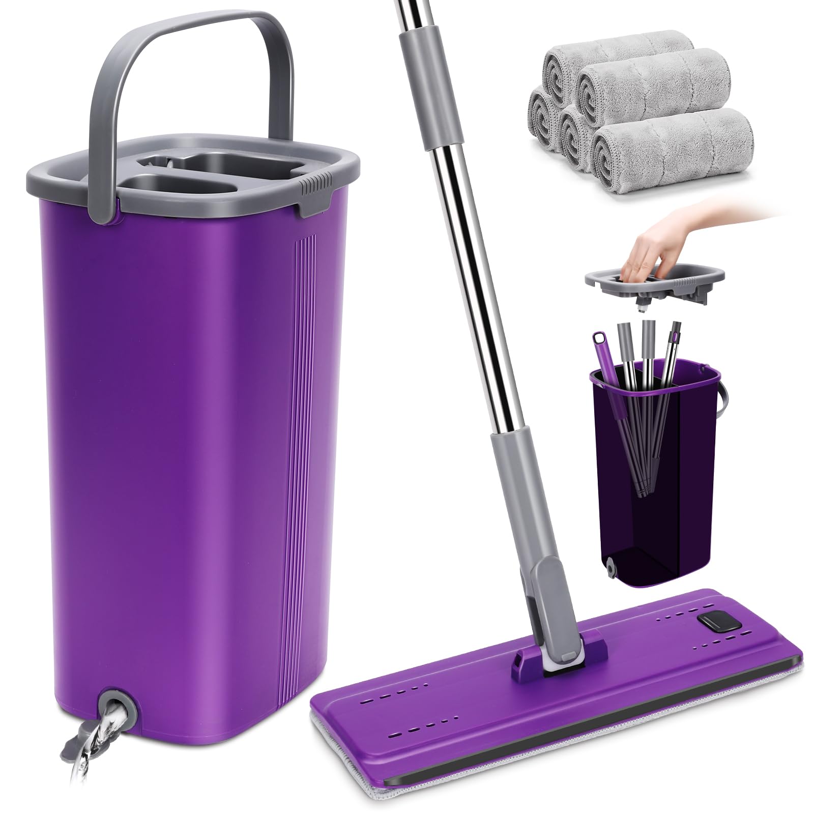 Myiosus Flat Mop and Bucket Set, 2-in-1 Hands-Free Floor Mop and Buckets Sets, Microfibre Mops with 5 Reusable Pads and 138cm Stainless Steel Handle for Cleaning Hardwood Laminate Tile Marble Floors