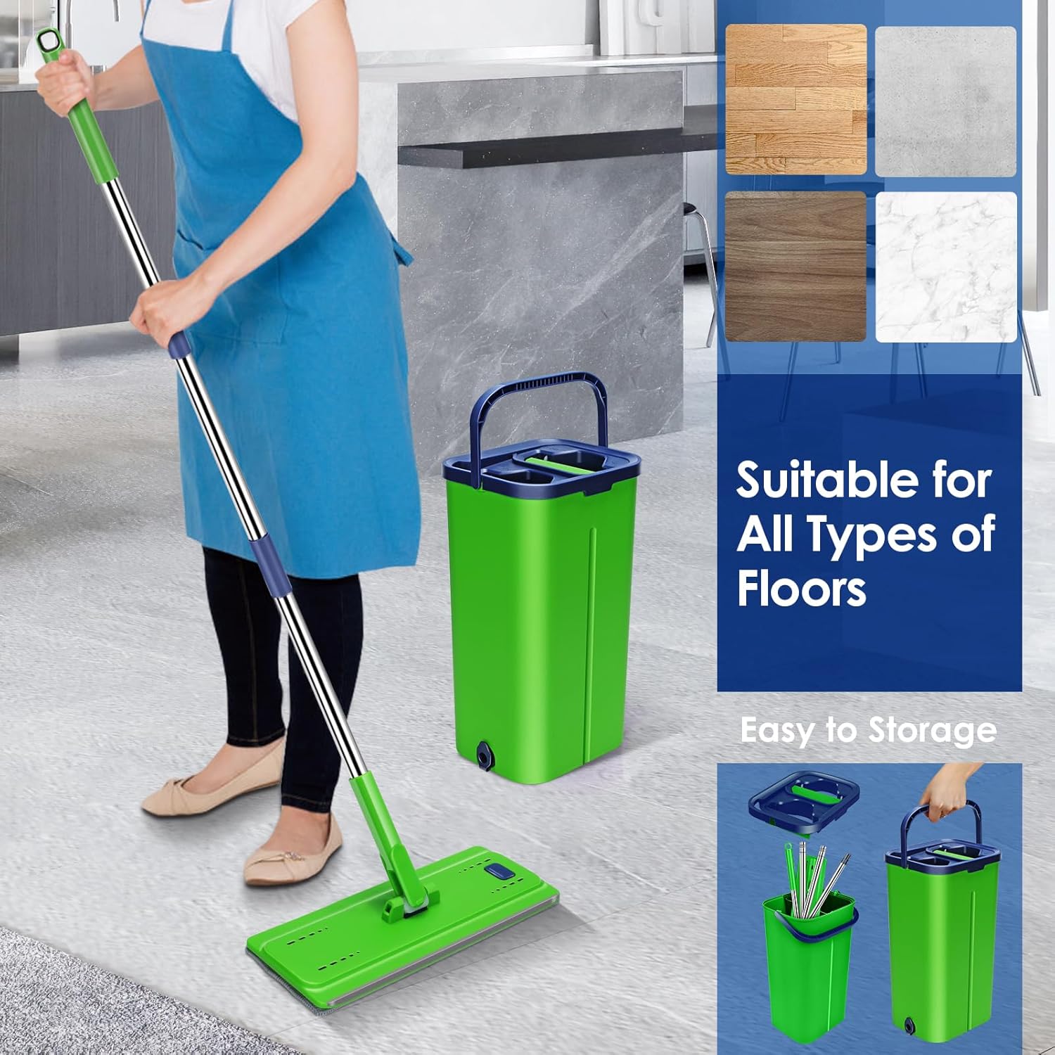 Myiosus Flat Mop and Bucket Set, 2-in-1 Hands-Free Floor Mop and Buckets Sets, Microfibre Mops with 5 Reusable Pads and 138cm Stainless Steel Handle for Cleaning Hardwood Laminate Tile Marble Floors