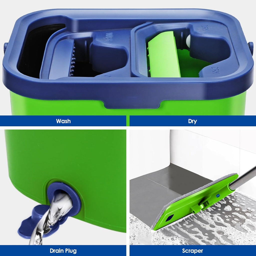 Myiosus Flat Mop and Bucket Set, 2-in-1 Hands-Free Floor Mop and Buckets Sets, Microfibre Mops with 5 Reusable Pads and 138cm Stainless Steel Handle for Cleaning Hardwood Laminate Tile Marble Floors