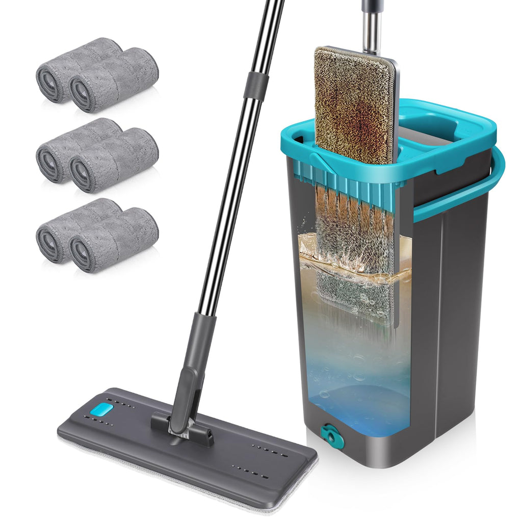 MASTERTOP Mop and Buckets Sets, Spin Mop and Buckets with 3 Reusable Pads, 9.8L Hands Free Mops Bucket with Foot Pedal and Wringer, Spinning Mops Set for Cleaning Floors - Grey, 43x25x131cm