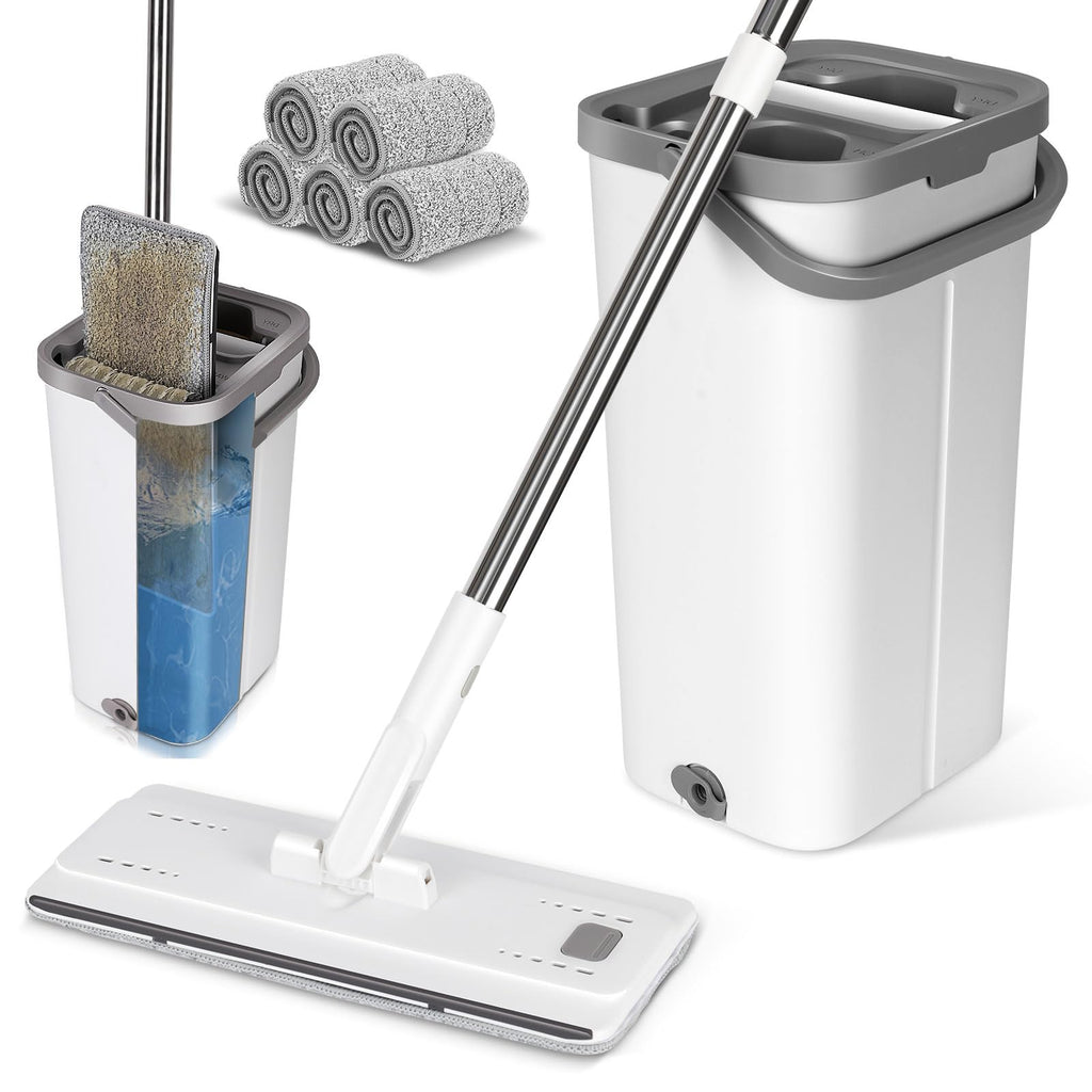 Myiosus Flat Mop and Bucket Set, 2-in-1 Hands-Free Floor Mop and Buckets Sets, Microfibre Mops with 5 Reusable Pads and 138cm Stainless Steel Handle for Cleaning Hardwood Laminate Tile Marble Floors