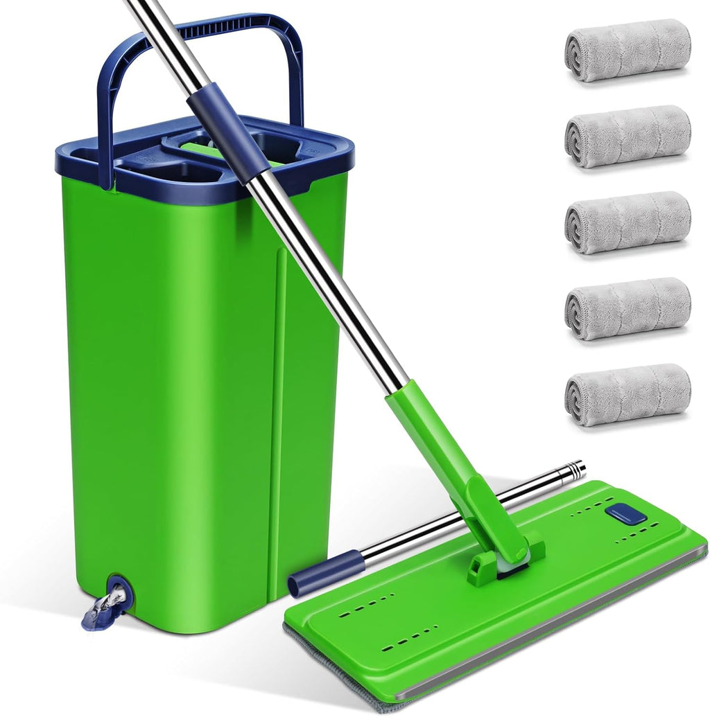 Myiosus Flat Mop and Bucket Set, 2-in-1 Hands-Free Floor Mop and Buckets Sets, Microfibre Mops with 5 Reusable Pads and 138cm Stainless Steel Handle for Cleaning Hardwood Laminate Tile Marble Floors