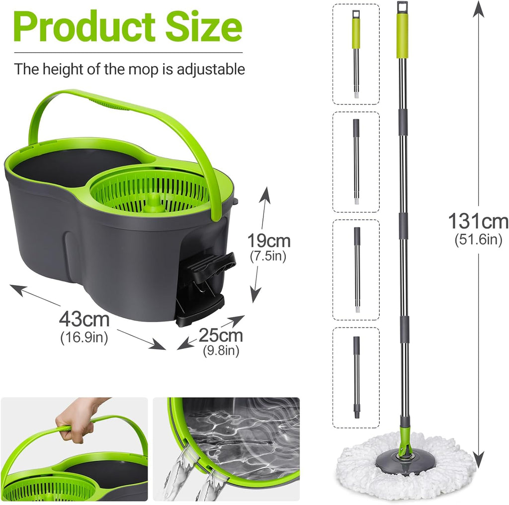 MASTERTOP Mop and Buckets Sets, Spin Mop and Buckets with 3 Reusable Pads, 9.8L Hands Free Mops Bucket with Foot Pedal and Wringer, Spinning Mops Set for Cleaning Floors - Grey, 43x25x131cm