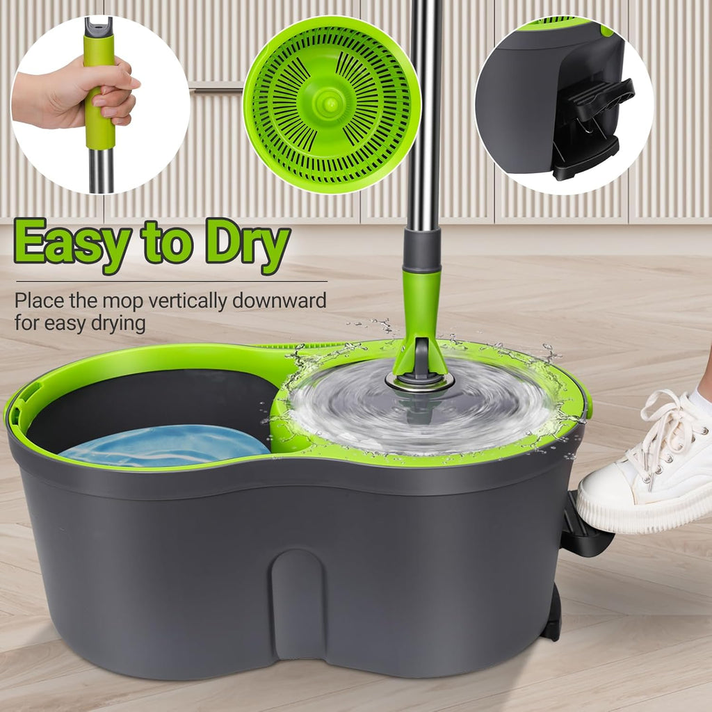 MASTERTOP Mop and Buckets Sets, Spin Mop and Buckets with 3 Reusable Pads, 9.8L Hands Free Mops Bucket with Foot Pedal and Wringer, Spinning Mops Set for Cleaning Floors - Grey, 43x25x131cm