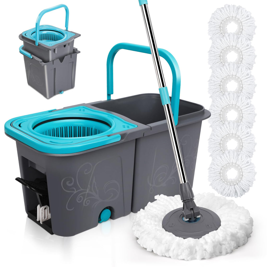 MASTERTOP Mop and Buckets Sets, Spin Mop and Buckets with 3 Reusable Pads, 9.8L Hands Free Mops Bucket with Foot Pedal and Wringer, Spinning Mops Set for Cleaning Floors - Grey, 43x25x131cm