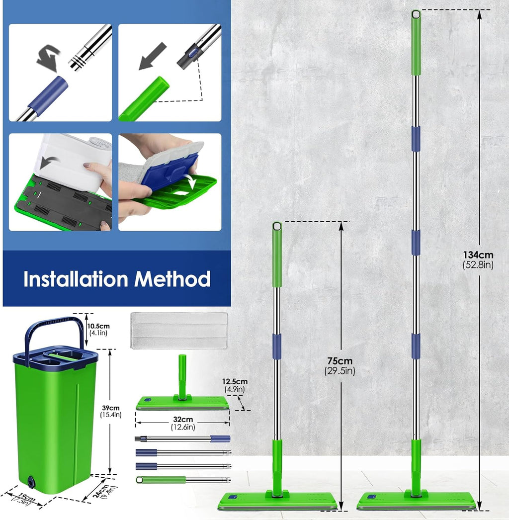 Myiosus Flat Mop and Bucket Set, 2-in-1 Hands-Free Floor Mop and Buckets Sets, Microfibre Mops with 5 Reusable Pads and 138cm Stainless Steel Handle for Cleaning Hardwood Laminate Tile Marble Floors