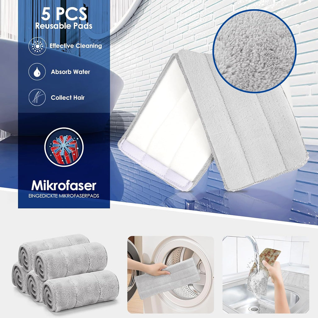Myiosus Flat Mop and Bucket Set, 2-in-1 Hands-Free Floor Mop and Buckets Sets, Microfibre Mops with 5 Reusable Pads and 138cm Stainless Steel Handle for Cleaning Hardwood Laminate Tile Marble Floors