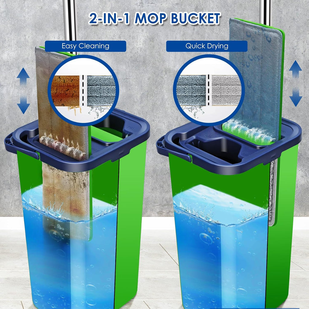 Myiosus Flat Mop and Bucket Set, 2-in-1 Hands-Free Floor Mop and Buckets Sets, Microfibre Mops with 5 Reusable Pads and 138cm Stainless Steel Handle for Cleaning Hardwood Laminate Tile Marble Floors